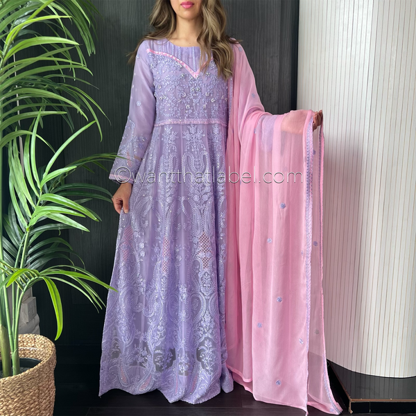 Lilac Pink Sequin Embroidered Chiffon Maxi Suit