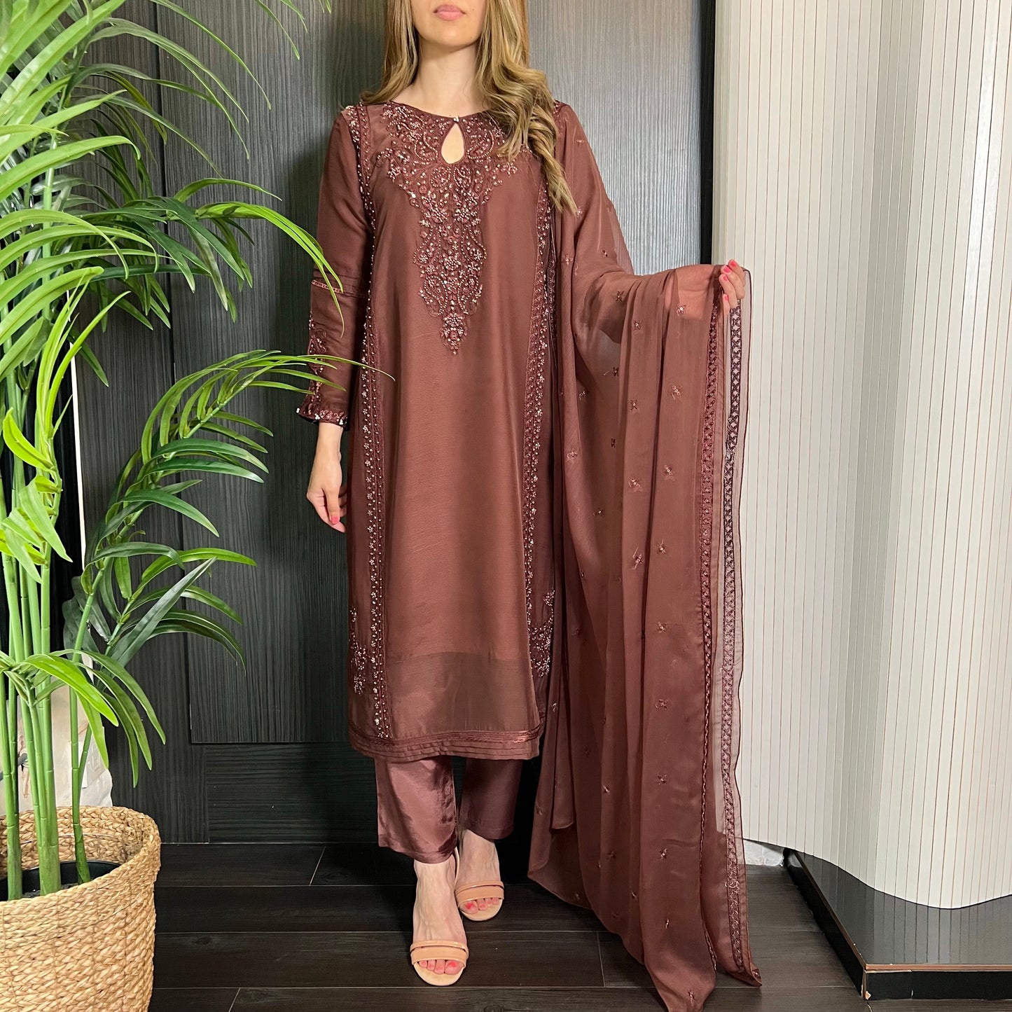 Brown Hand Embroidered Chiffon Suit