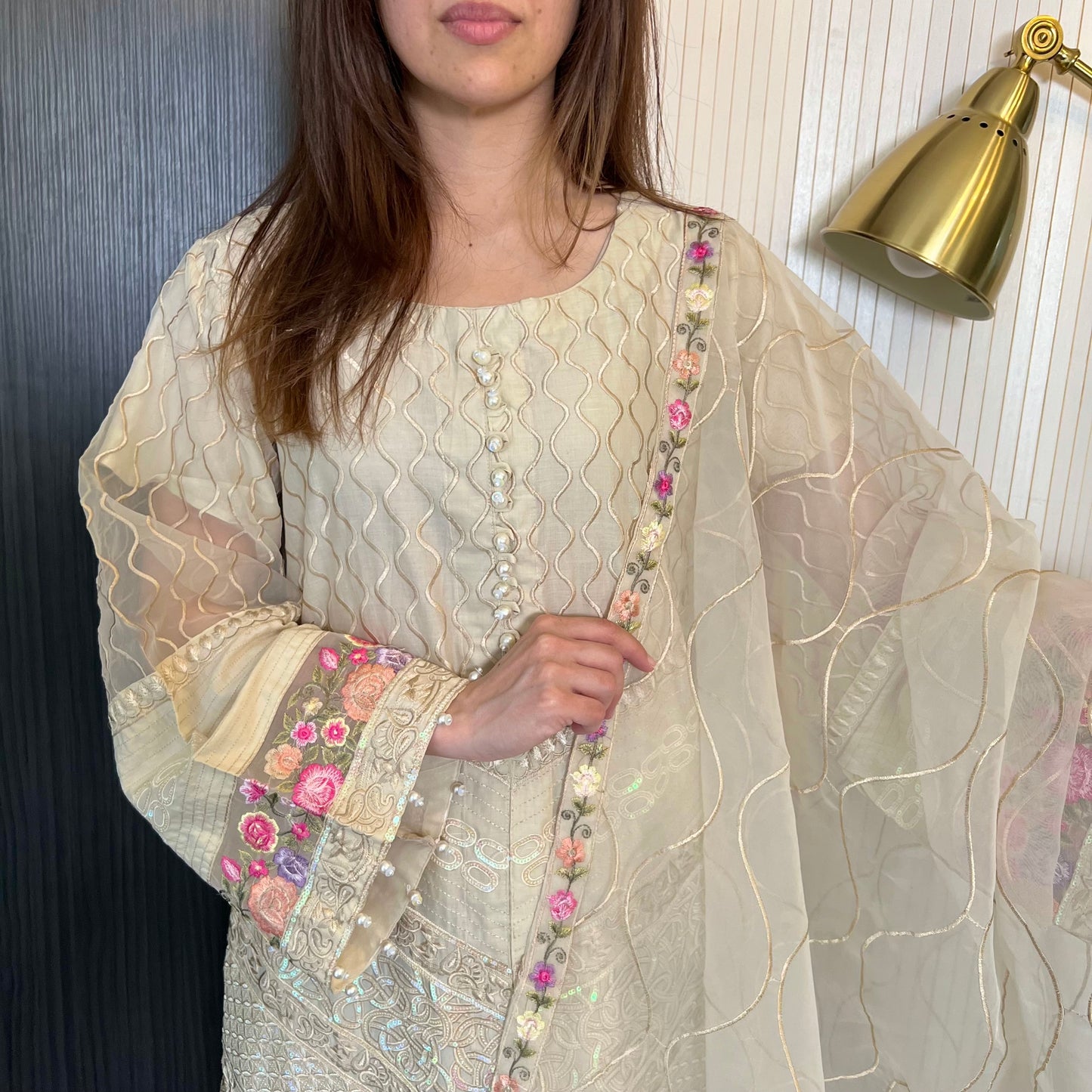 Karma Original Beige Sequin Embroidered Kameez Suit