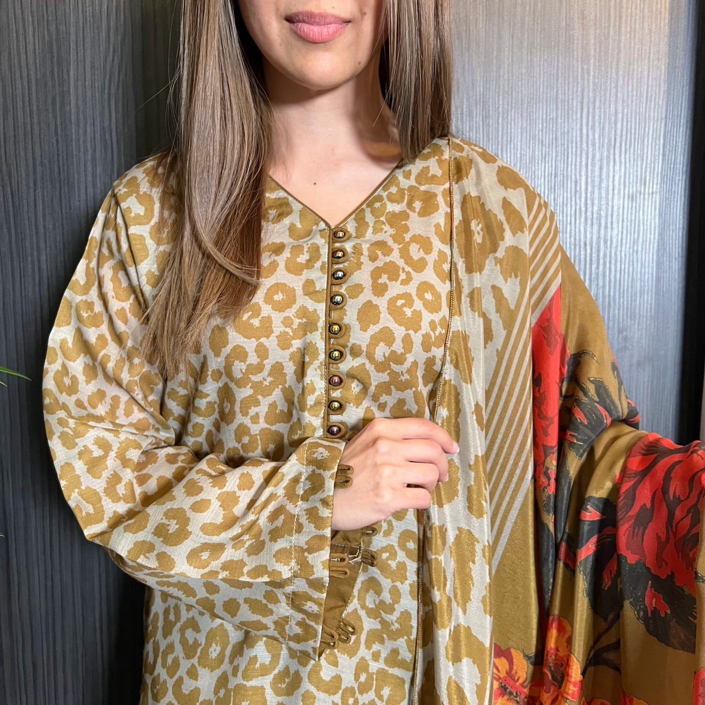 Olive Green Leopard Cotton Khadi Net Suit