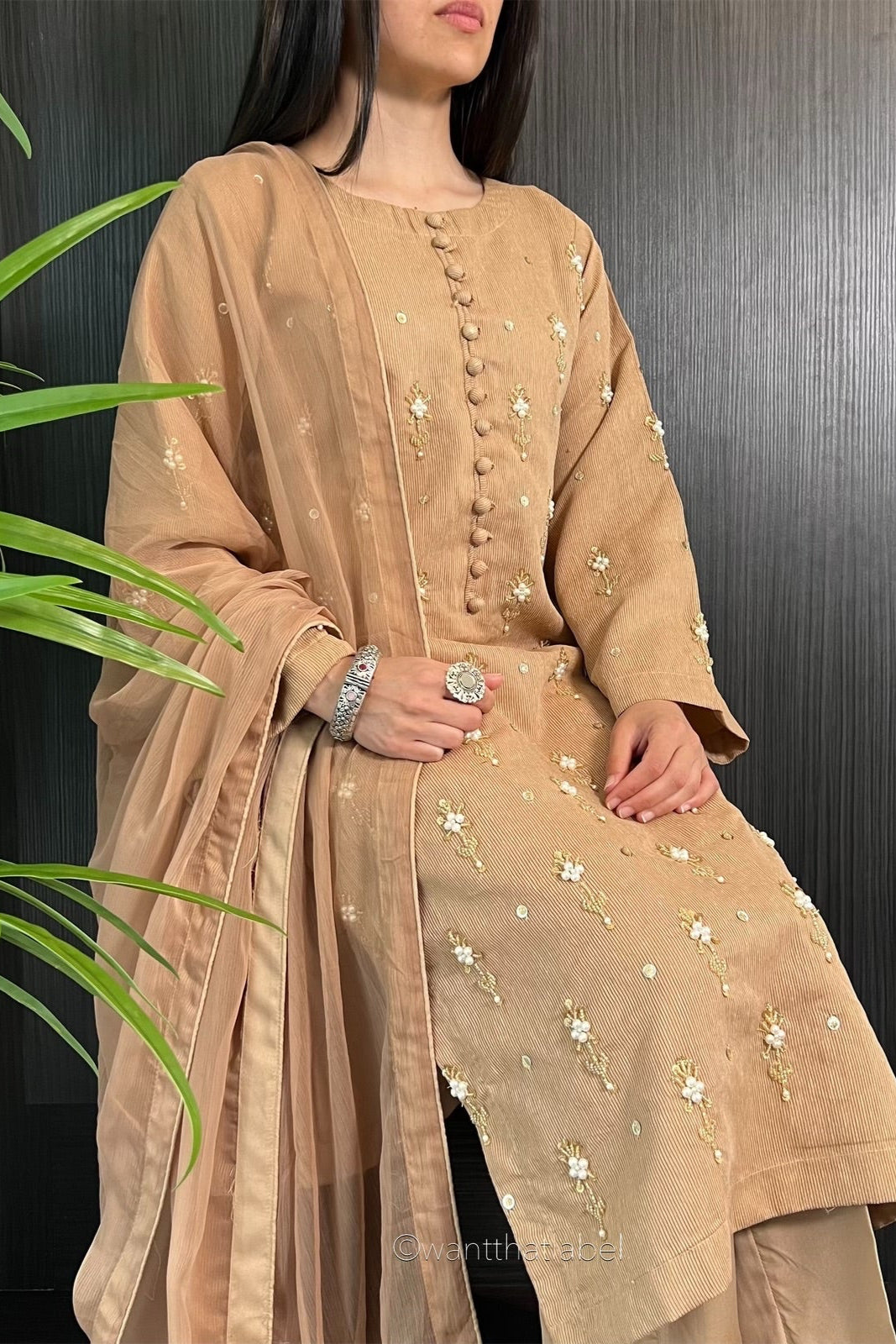 Simi Brown Bead Embellished Khadi Net Suit