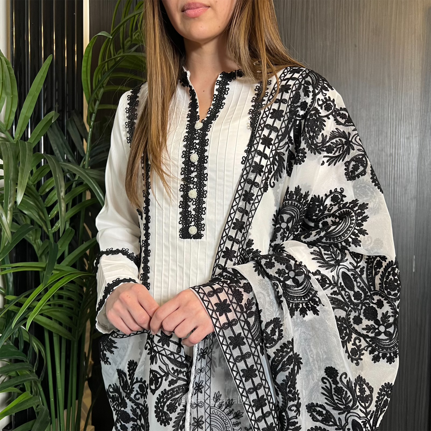Karina White Black Lace Trim Linen Organza Dupatta Suit