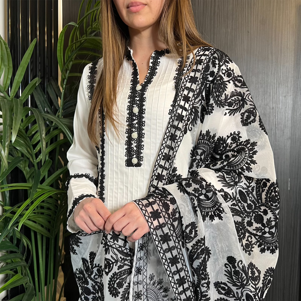 PRE-ORDER Karina White Black Lace Trim Linen Organza Dupatta Suit