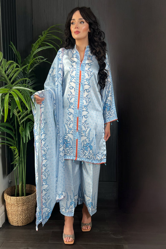 Maya White Blue Oriental Printed Satin Silk 3 Piece Suit