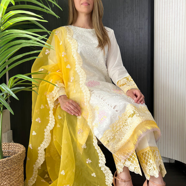 Crimson Inspired White Yellow Embroidered Chickankari Lawn Suit