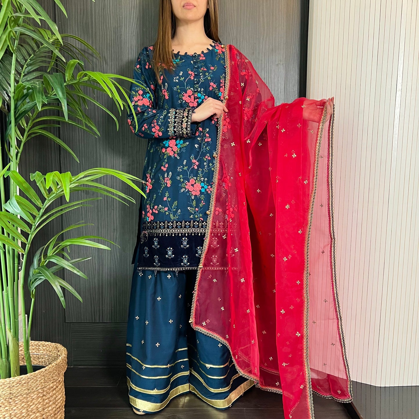 Maria B Inspired Teal Pink Heavily Embroidered Garara Suit
