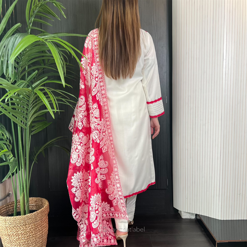 Lima White Pink Lace Trim Linen Organza Dupatta Suit