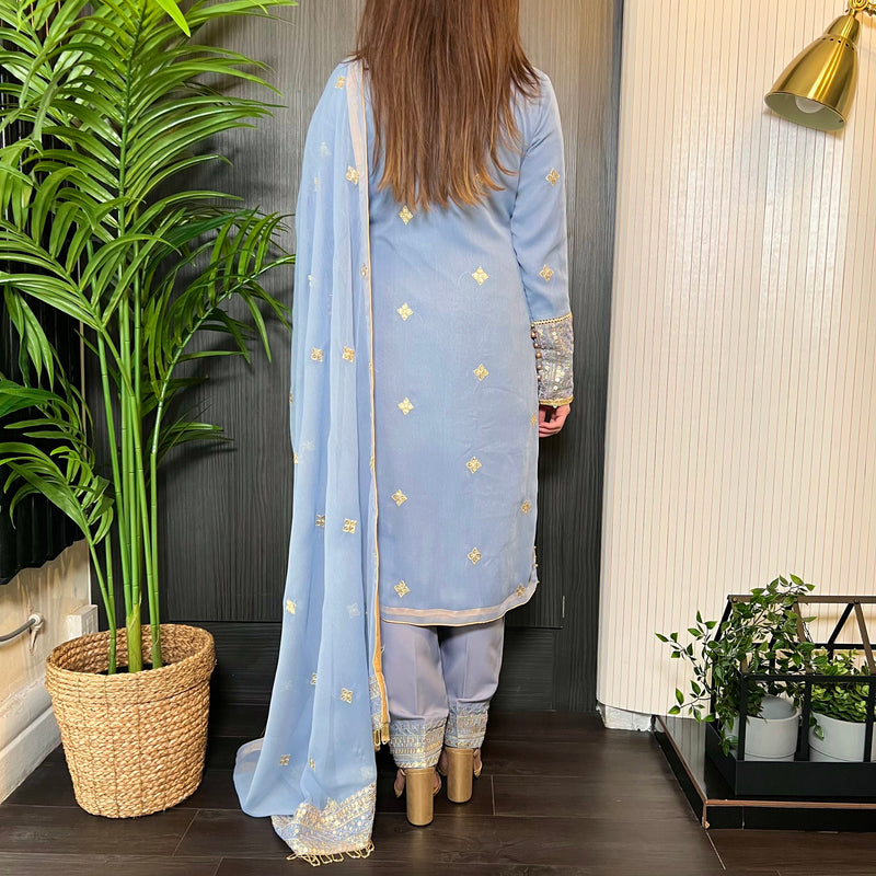 Powder Blue Gold Hand Embroidered Chiffon Suit