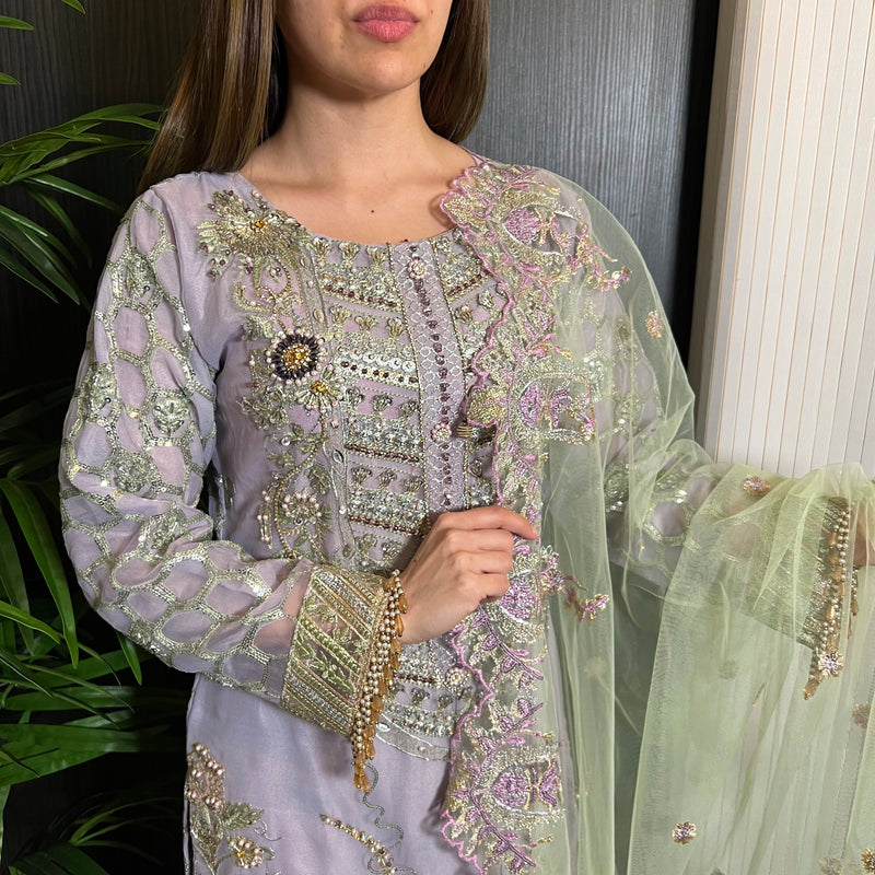 Prêt Lilac Green Heavily Embroidered Organza Suit