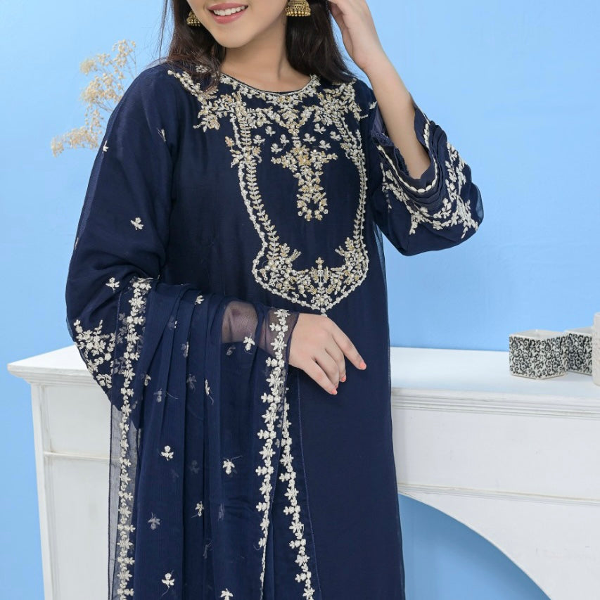 Mummy & Me Ladies Navy Chiffon Hand Embroidered Suit