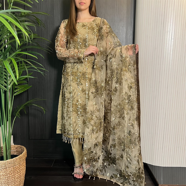 Aminah Olive Green Gold Sequin Embroidered Organza Suit