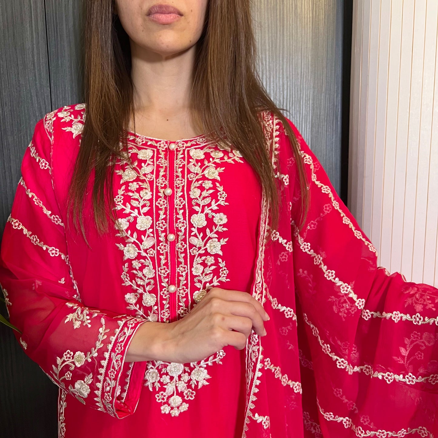 Agha Noor Hot Pink Embroidered Chiffon Suit
