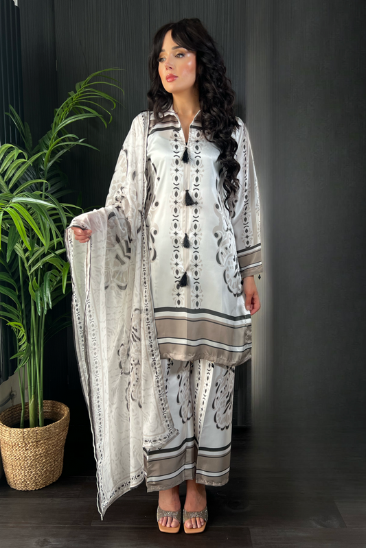 Ayeza White Geometric Printed Satin Silk 3 Piece Suit