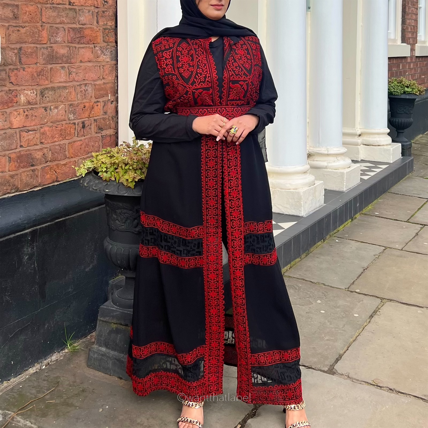 Aliya Palestinian Black Red Embroidery Lace Chiffon Maxi Thobe