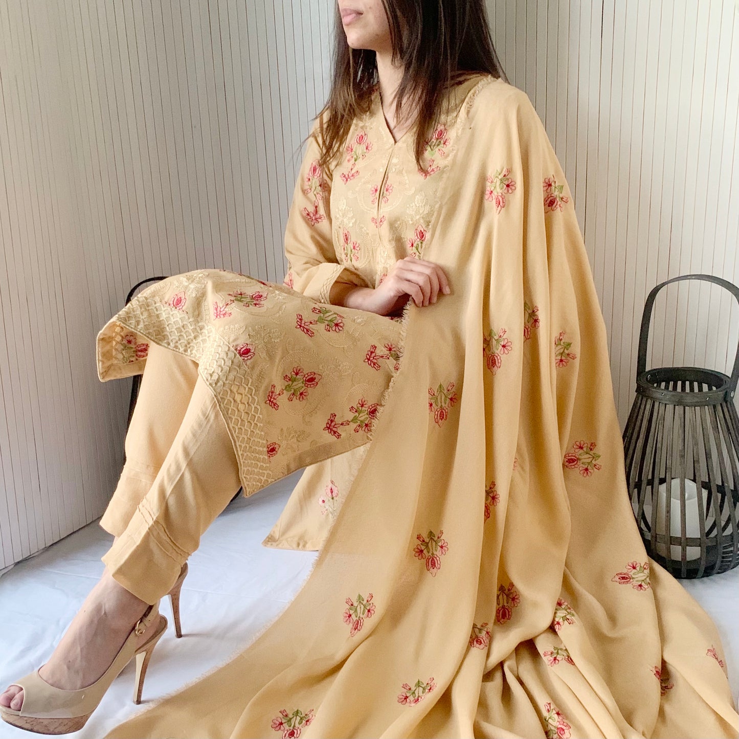 Bareeze Beige Heavily Embroidered Shawl Suit