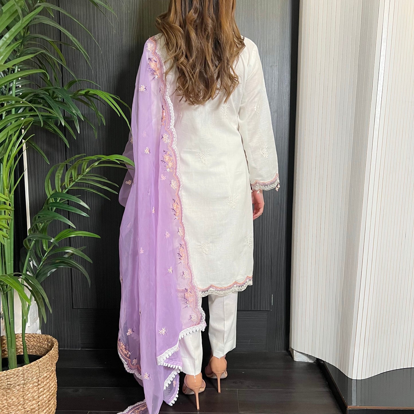 Ivory Lilac Embroidered Chickankari Suit