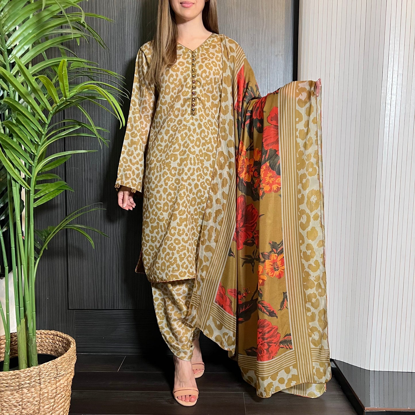 Olive Green Leopard Cotton Khadi Net Suit