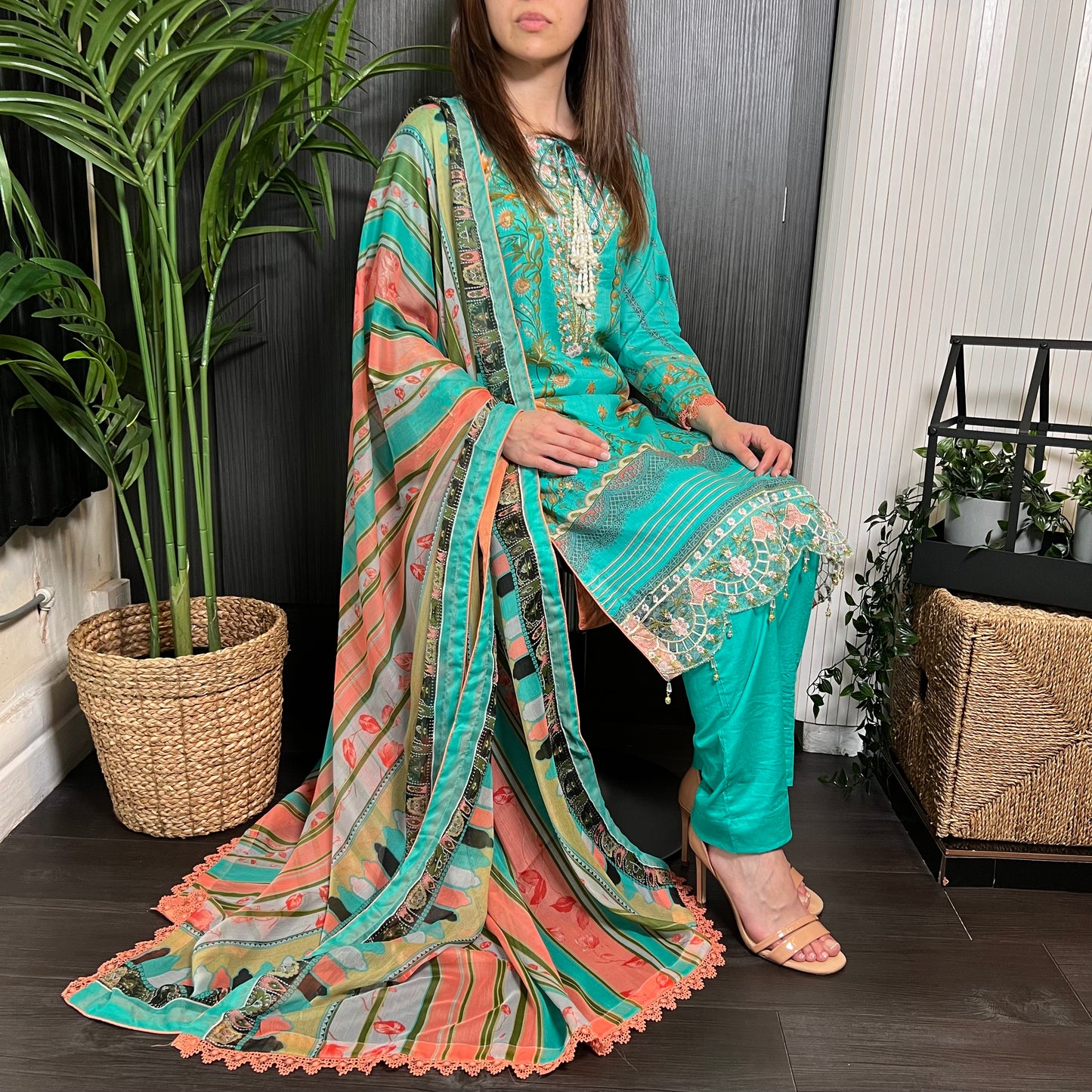 Sobia Nazir Inspired Sea Green Peach Print Lawn Suit