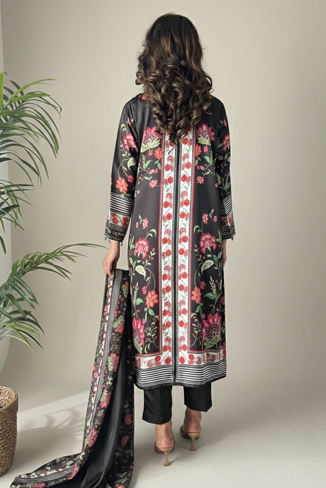 Ayra Black Floral Printed Satin Silk 4 Piece Suit