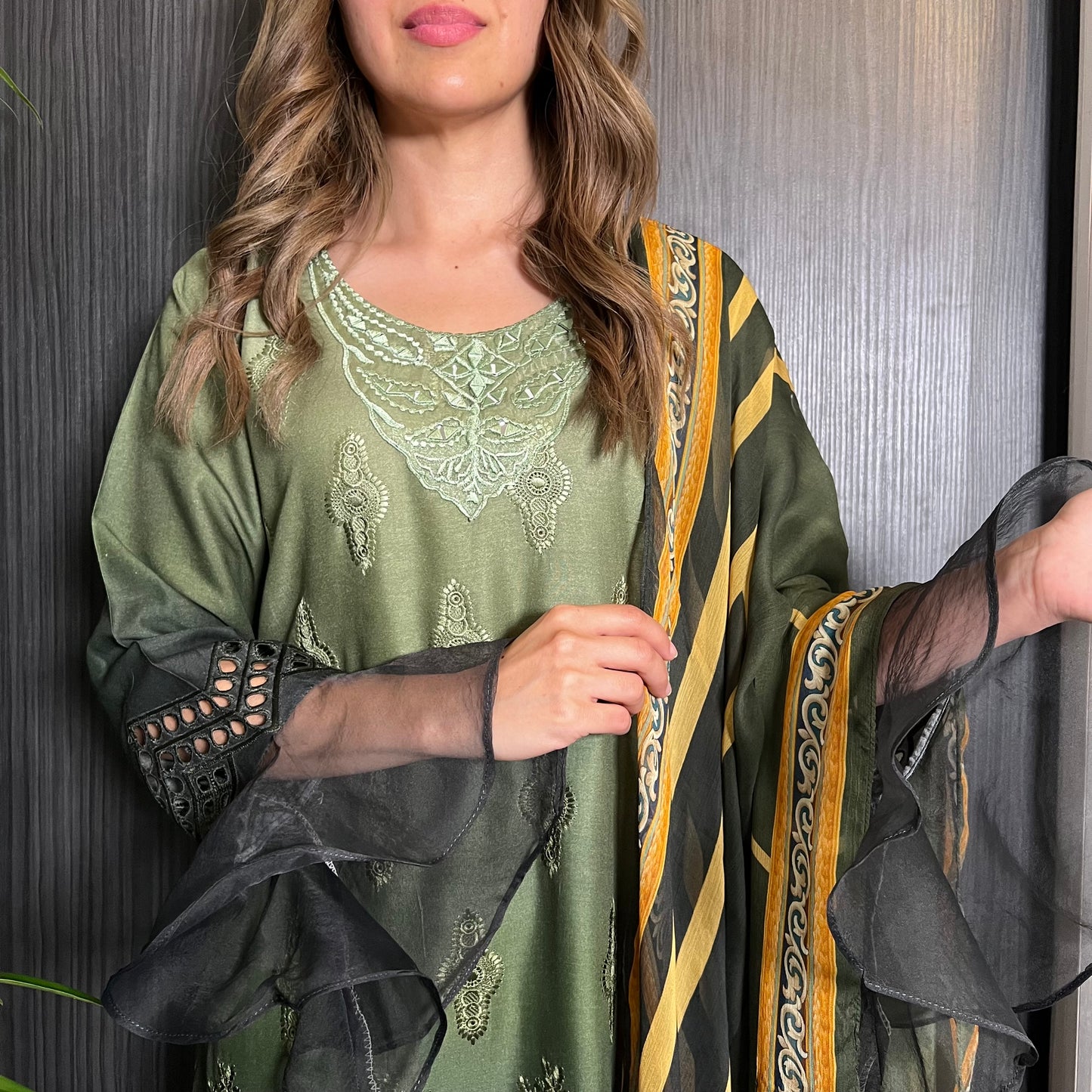 Green Ombre Mirror Embroidered Chikankari Suit