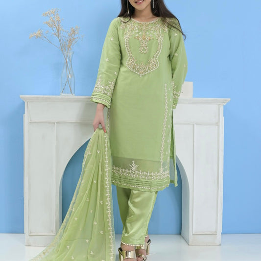 Mummy & Me Ladies Green Chiffon Hand Embroidered Suit