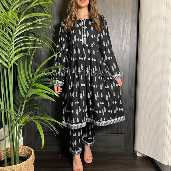 Black White Print Peplum Frock 2 Piece Suit
