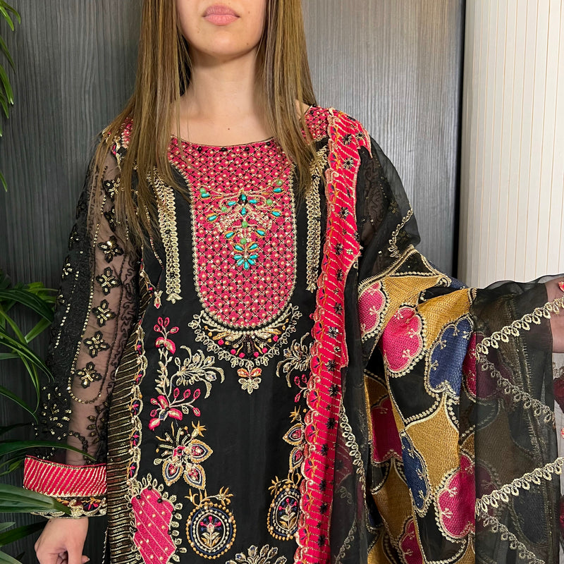 Black Pink Heavily Embroidered Net Suit