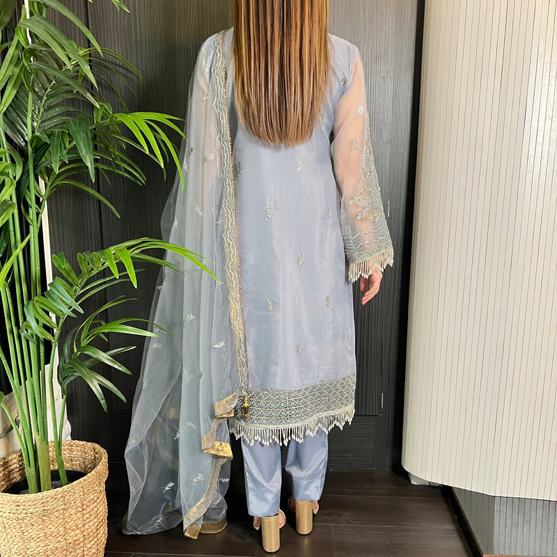 Prêt Grey Antique Gold Heavily Embroidered Organza Suit