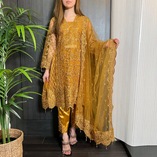 Mustard Heavily Embroidered Net A-Line Suit
