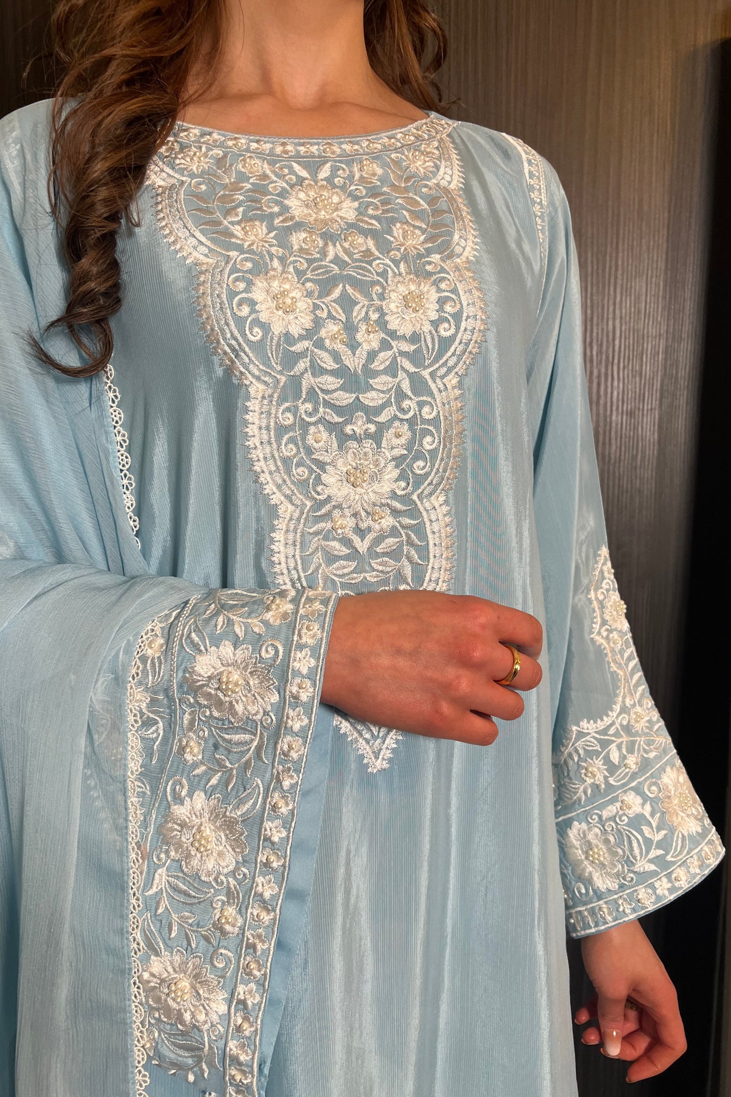 Hafsa Blue Raw Silk Pearl Embroidered Long Kameez 3 Piece Suit