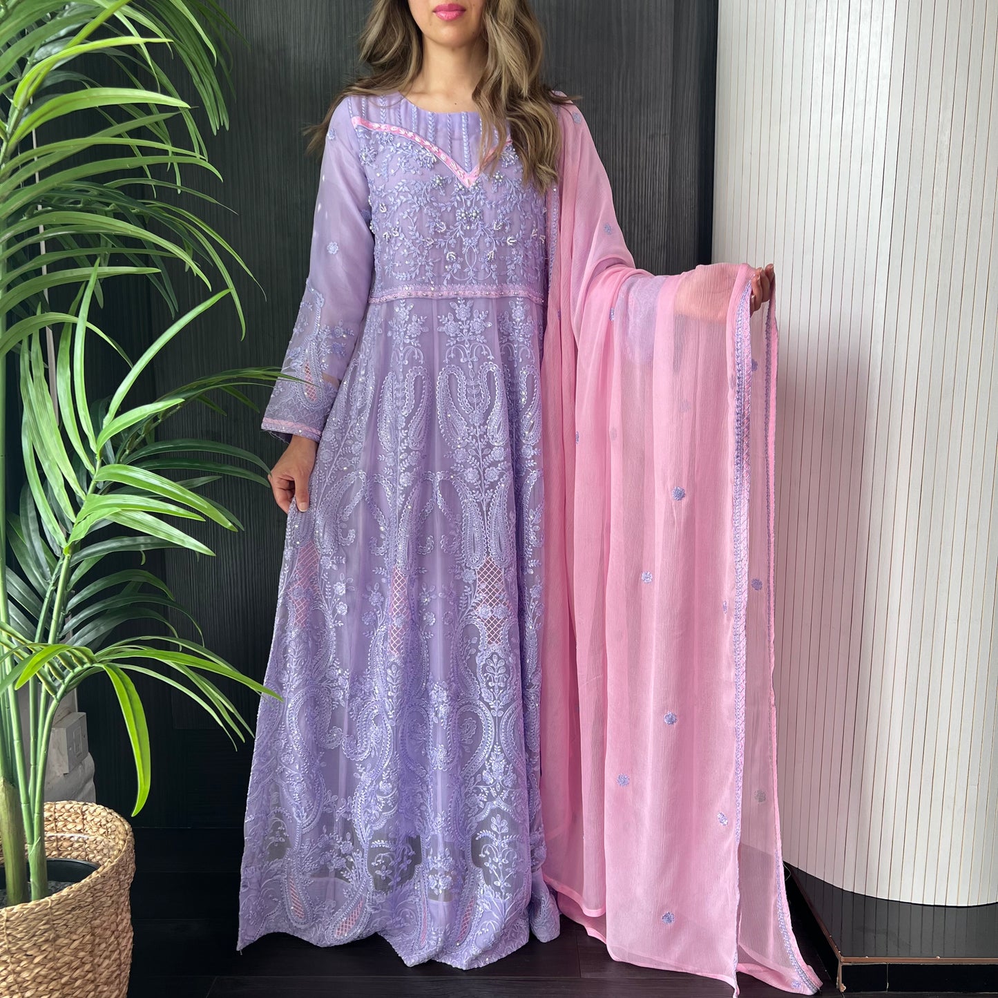 Lilac Pink Sequin Embroidered Chiffon Maxi Suit