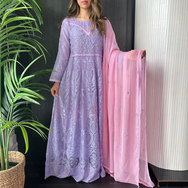 Lilac Pink Sequin Embroidered Chiffon Maxi Suit