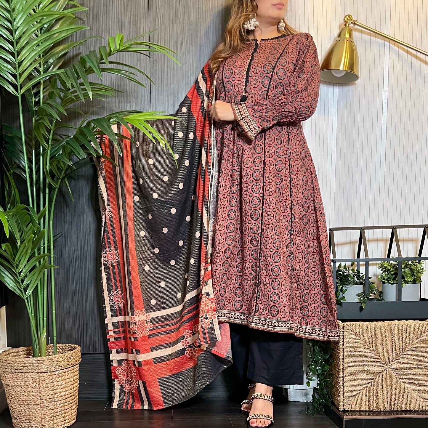 Sadabahar Original Black Red Tribal Print Lawn Midi Dress Suit