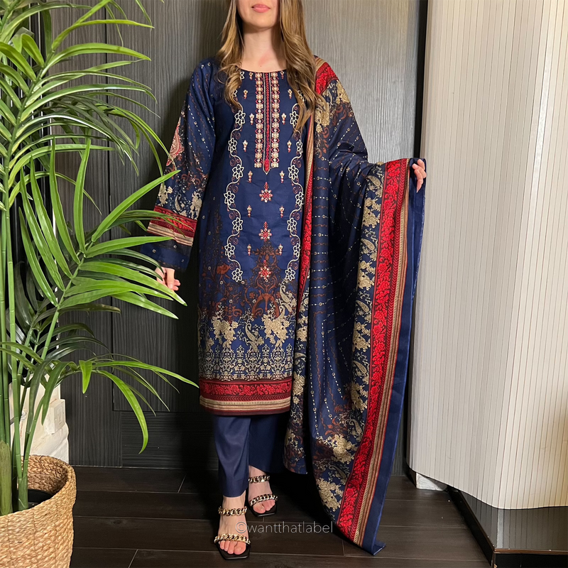 Tehreem Blue Red Sequin Embroidered Lawn Suit