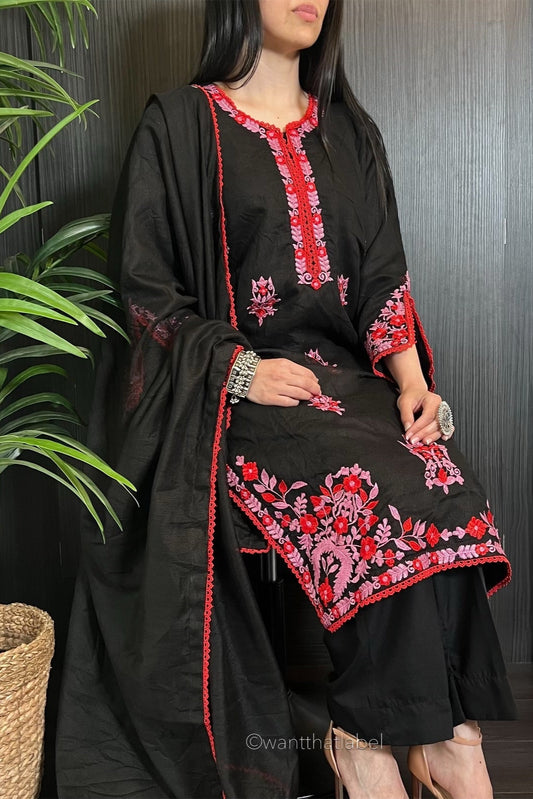 Sameera Black Red Pink Embroidered Khadi Net Suit