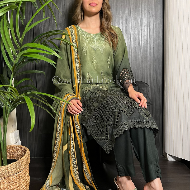 Green Ombre Mirror Embroidered Chikankari Suit