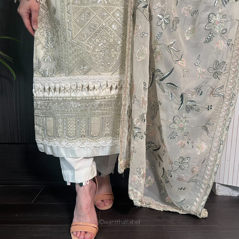 Shamila Ivory Silver Sequin Embroidered Chiffon Suit