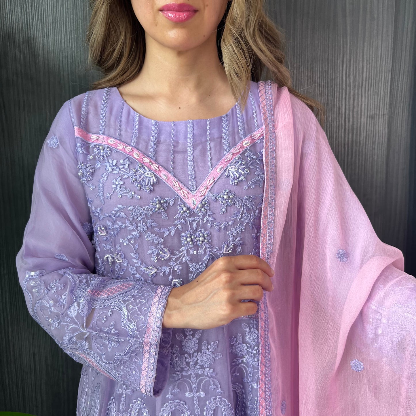 Lilac Pink Sequin Embroidered Chiffon Maxi Suit