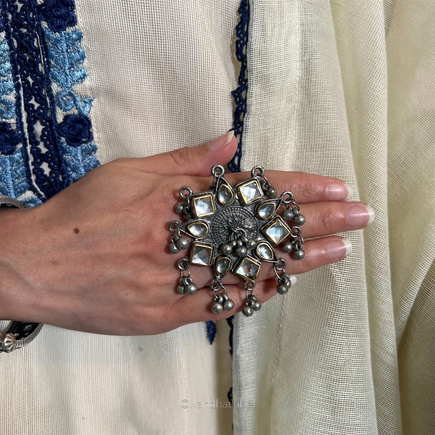 Nazreen Silver Oxidized Star Vintage Mirror Ring