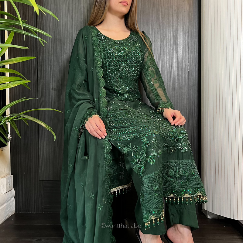 Prêt Zehra Bottle Green Heavily Embroidered Chiffon Suit