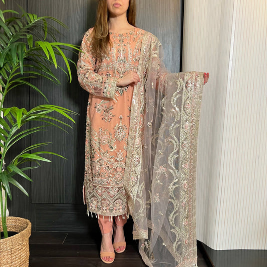Peach Pink Heavily Embroidered Handwork Net Suit