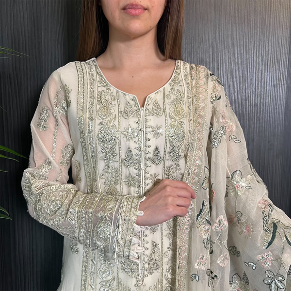 Shamila Ivory Silver Sequin Embroidered Chiffon Suit