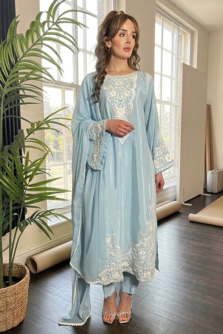 Hafsa Blue Raw Silk Pearl Embroidered Long Kameez 3 Piece Suit