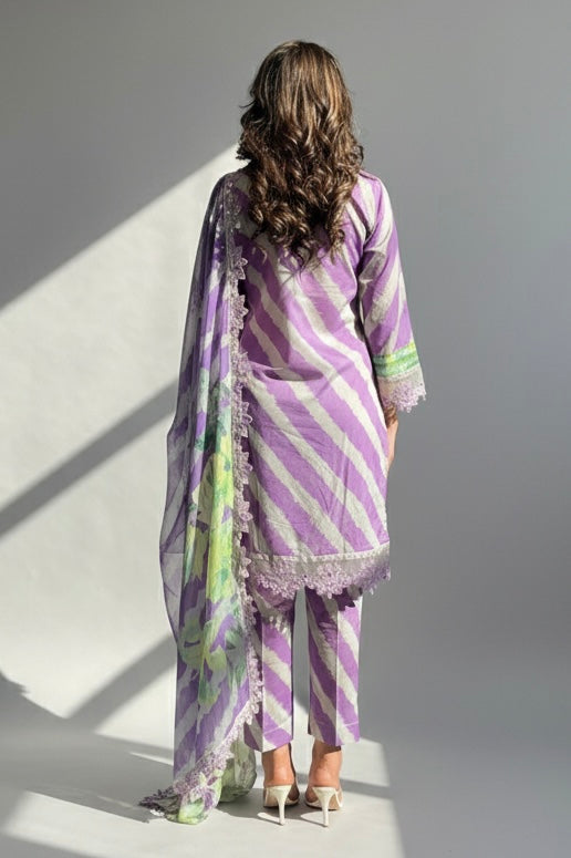 Zaha Purple Stripe Printed Cotton Embroidered 3 Piece Suit