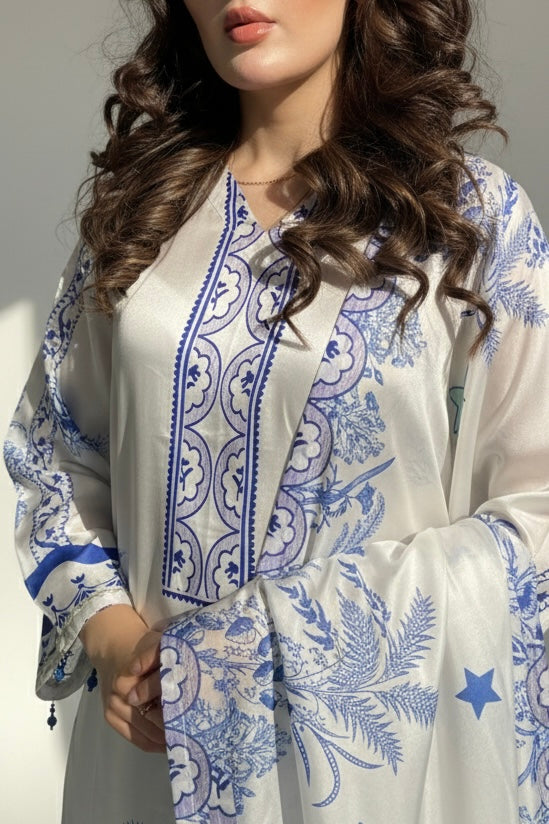 Freya White Blue Printed Satin Silk 3 Piece Suit
