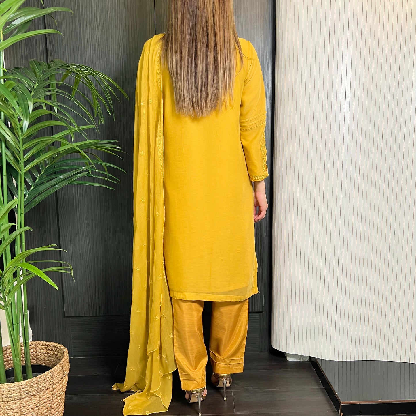 Mustard Hand Embroidered Chiffon Suit