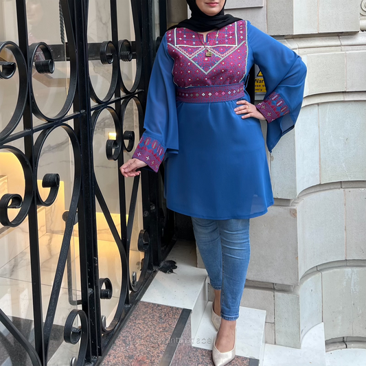 Imaan Palestinian Blue Red Embroidery Kaftan Dress