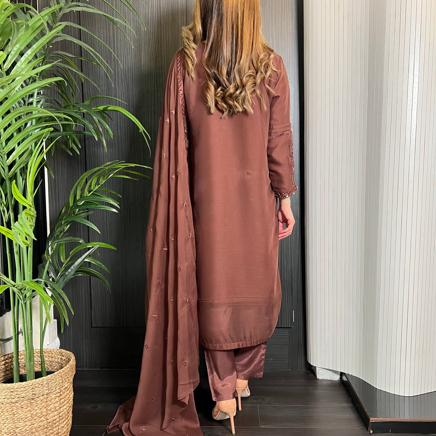 Brown Hand Embroidered Chiffon Suit