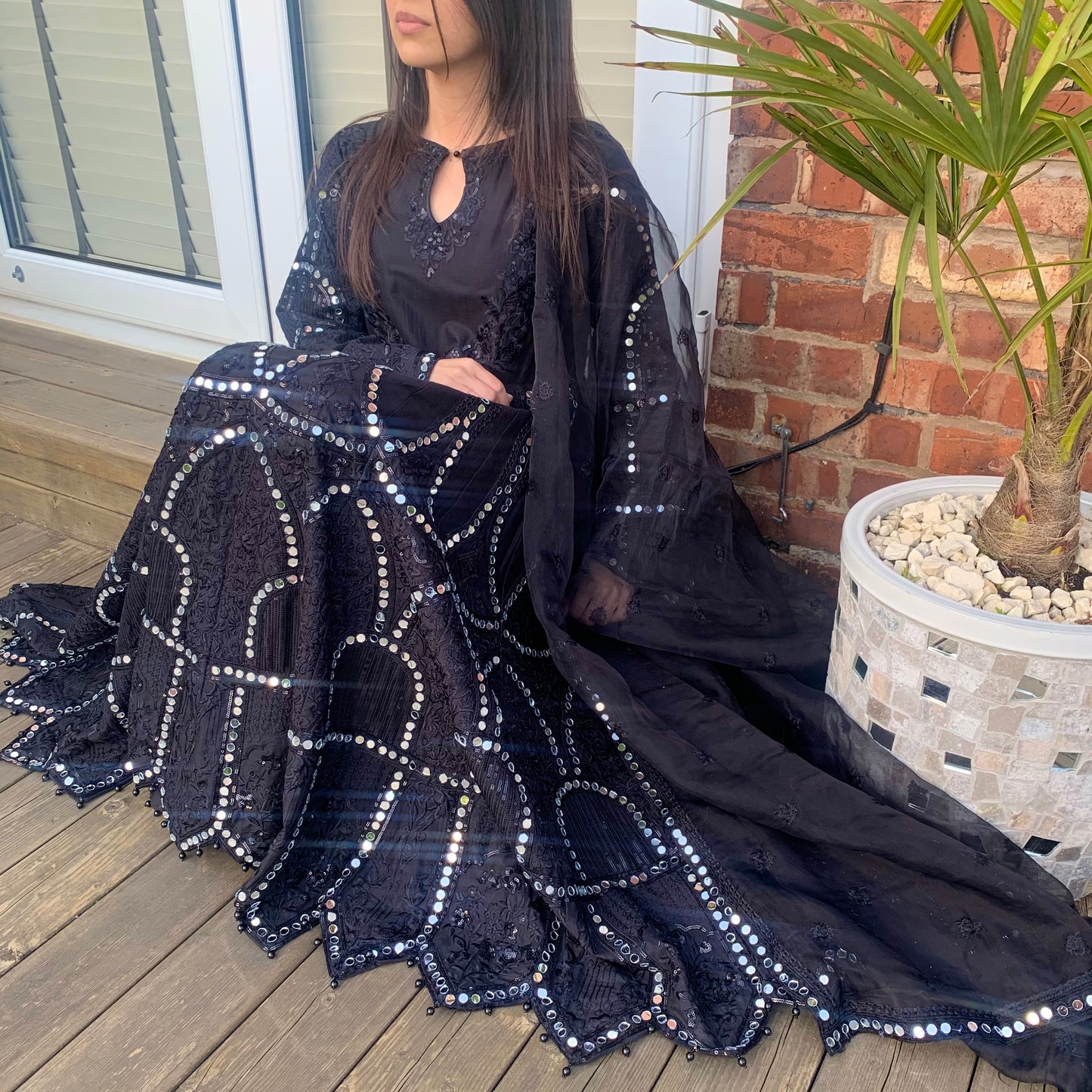 Karma Original Black Heavy Mirror Embroidered Maxi Dress Suit