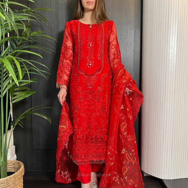 Prêt Sharmain Red Heavily Embroidered Organza Suit